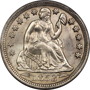 image for: 1853-O Liberty Seated Dime. Arrows. Fortin-106. Rarity-4. MS-64 (PCGS). OGH.