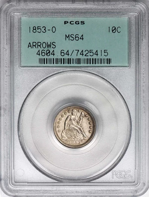 image for: 1853-O Liberty Seated Dime. Arrows. Fortin-106. Rarity-4. MS-64 (PCGS). OGH.