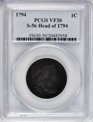image for: 1794 Liberty Cap Cent. S-56. Rarity-3. Head of 1794. VF-30 (PCGS).