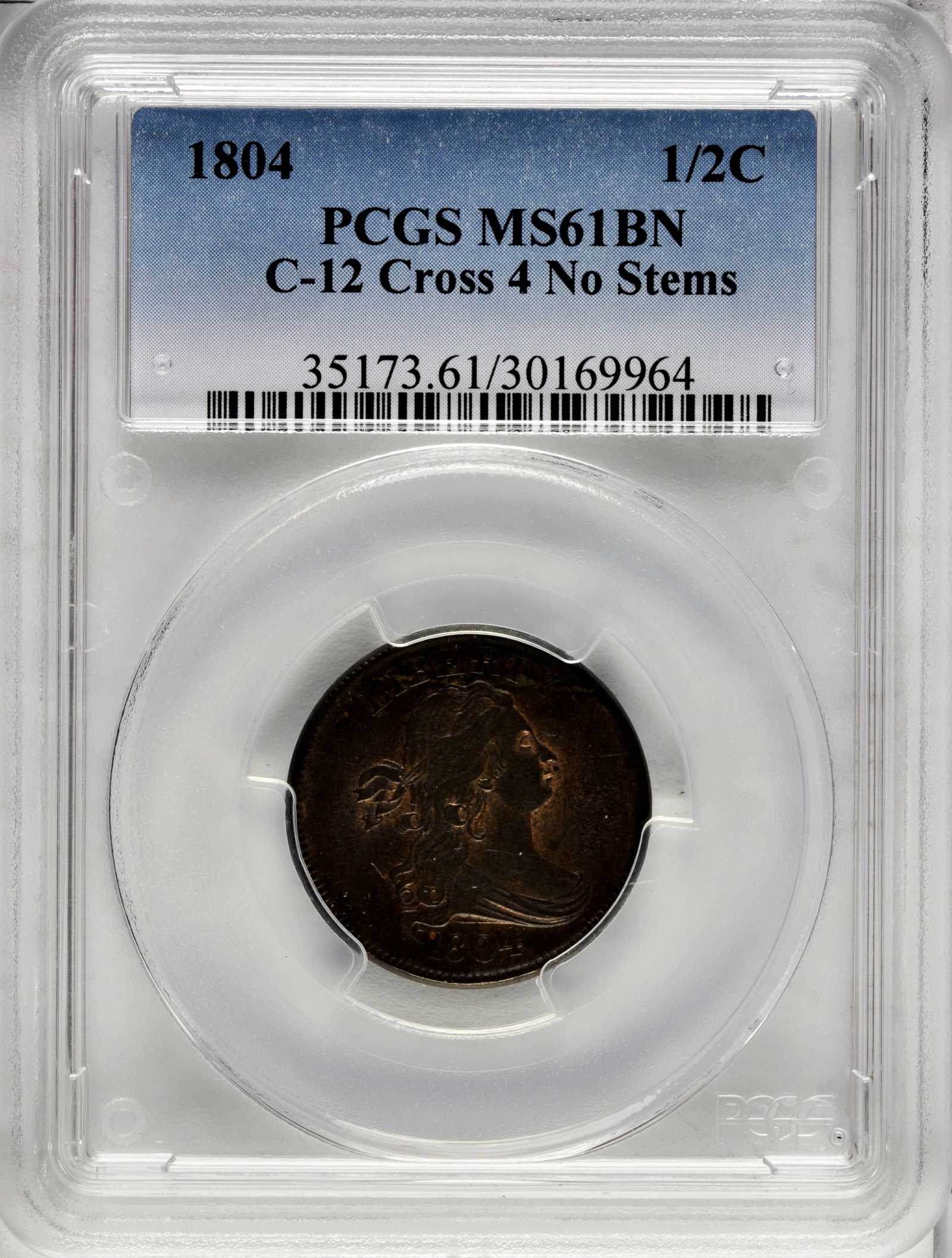 1804 1/2c Crosslet 4, No Stems, C-12 MS BN MS61 BN thumbnail 4