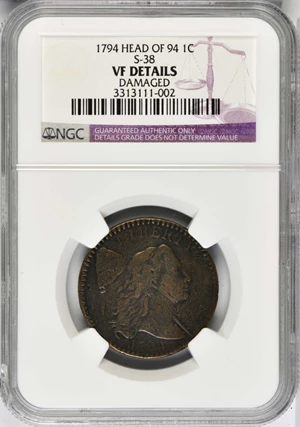 image for: 1794 Liberty Cap Cent. S-38. Rarity-5. Head of 1794. VF Details--Damaged (NGC).