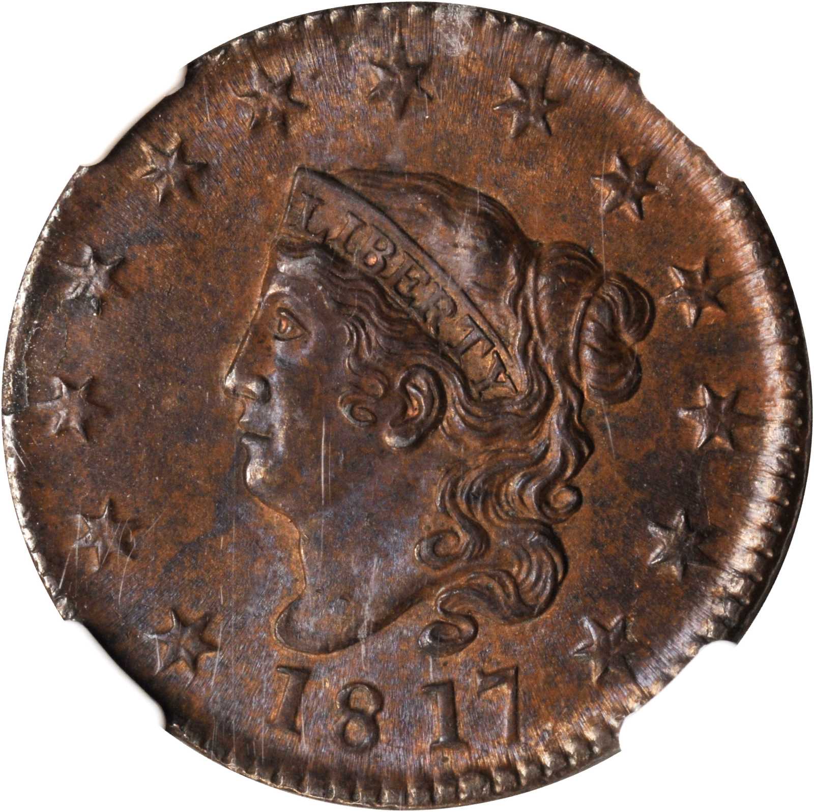 image for: 1817 Matron Head Cent. N-9. Rarity-2. Noyes Die State B/B. 13 Stars. MS-63 BN (NGC).