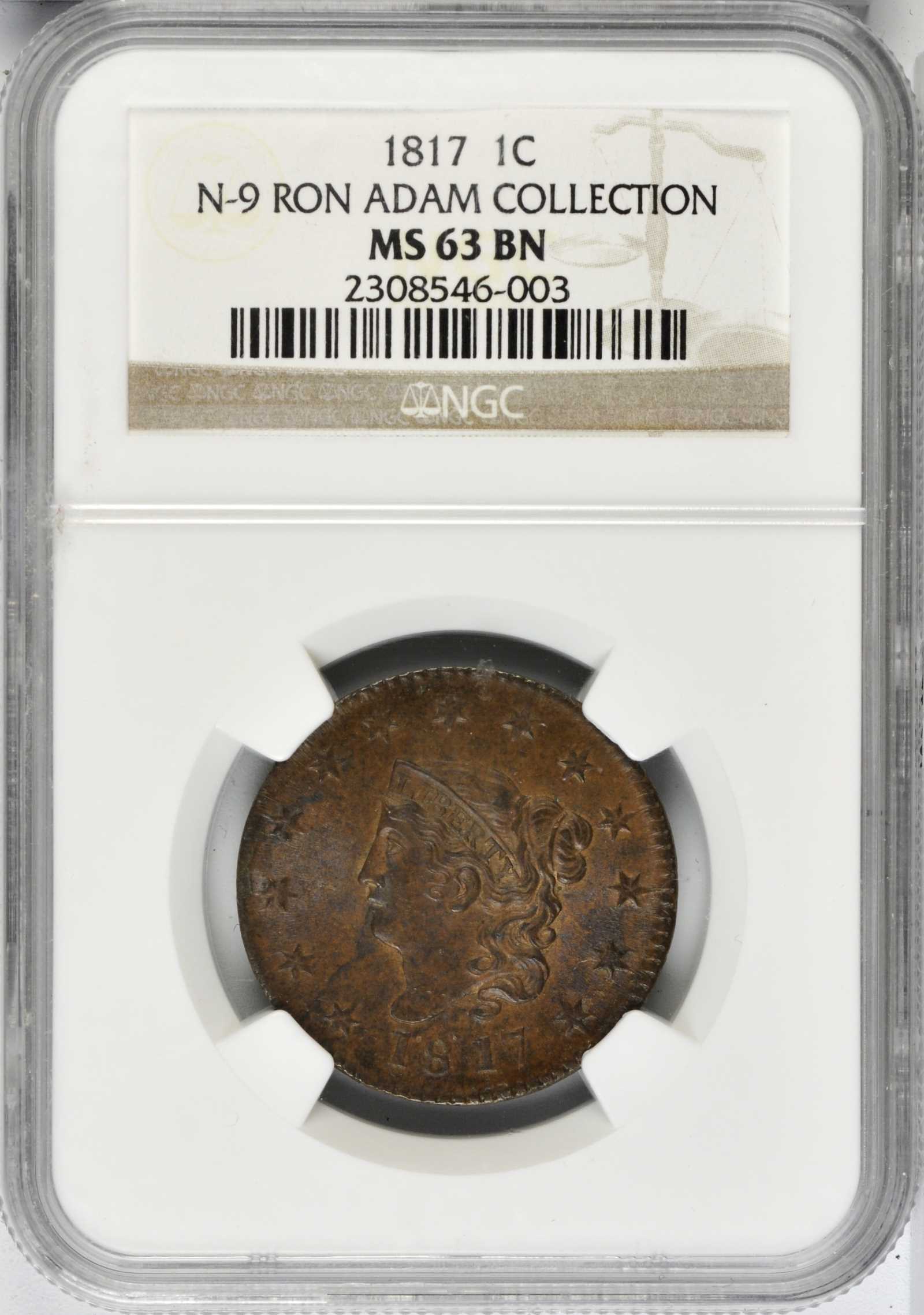 image for: 1817 Matron Head Cent. N-9. Rarity-2. Noyes Die State B/B. 13 Stars. MS-63 BN (NGC).