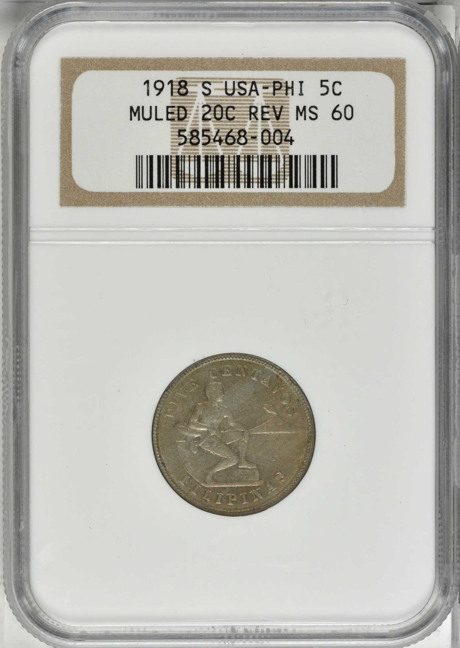image for: 1918-S Five Centavos. Allen-4.08b. Muled with Small Date Reverse of 20 Centavos. MS-60 (NGC).