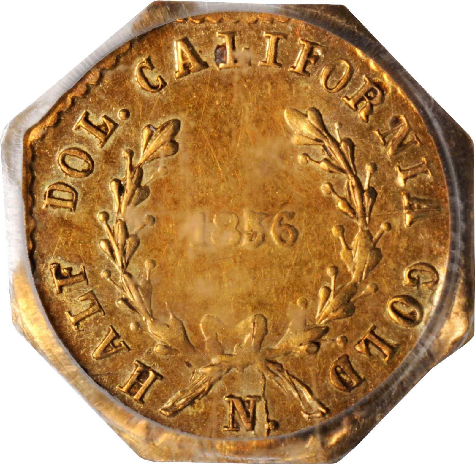 image for: 1856-N Octagonal 50 Cents. BG-310. Rarity-6+. Liberty Head. AU-58 (PCGS).