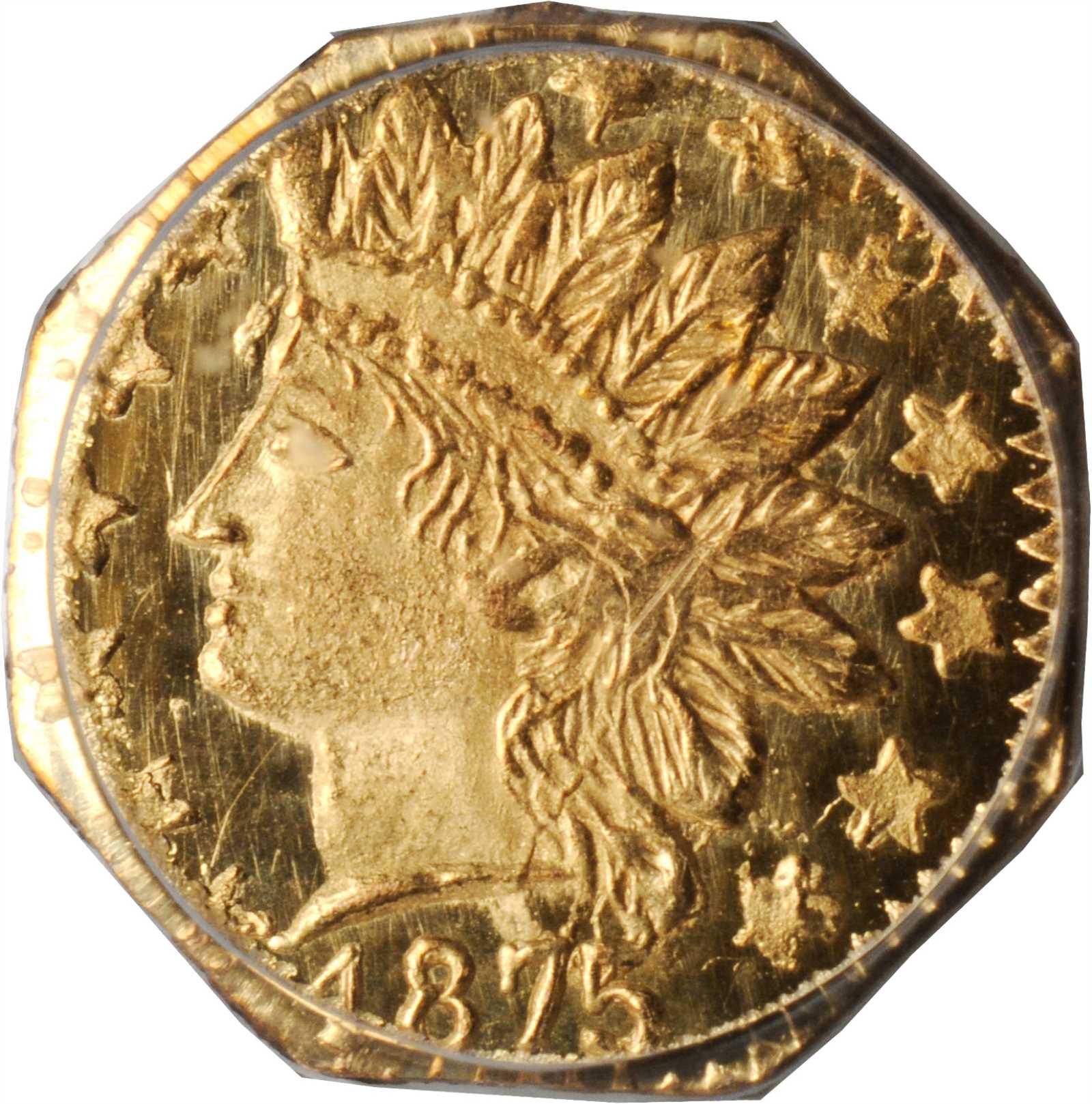 image for: 1875 Octagonal 25 Cents. BG-796. Rarity-5. Indian Head. MS-65 (PCGS).