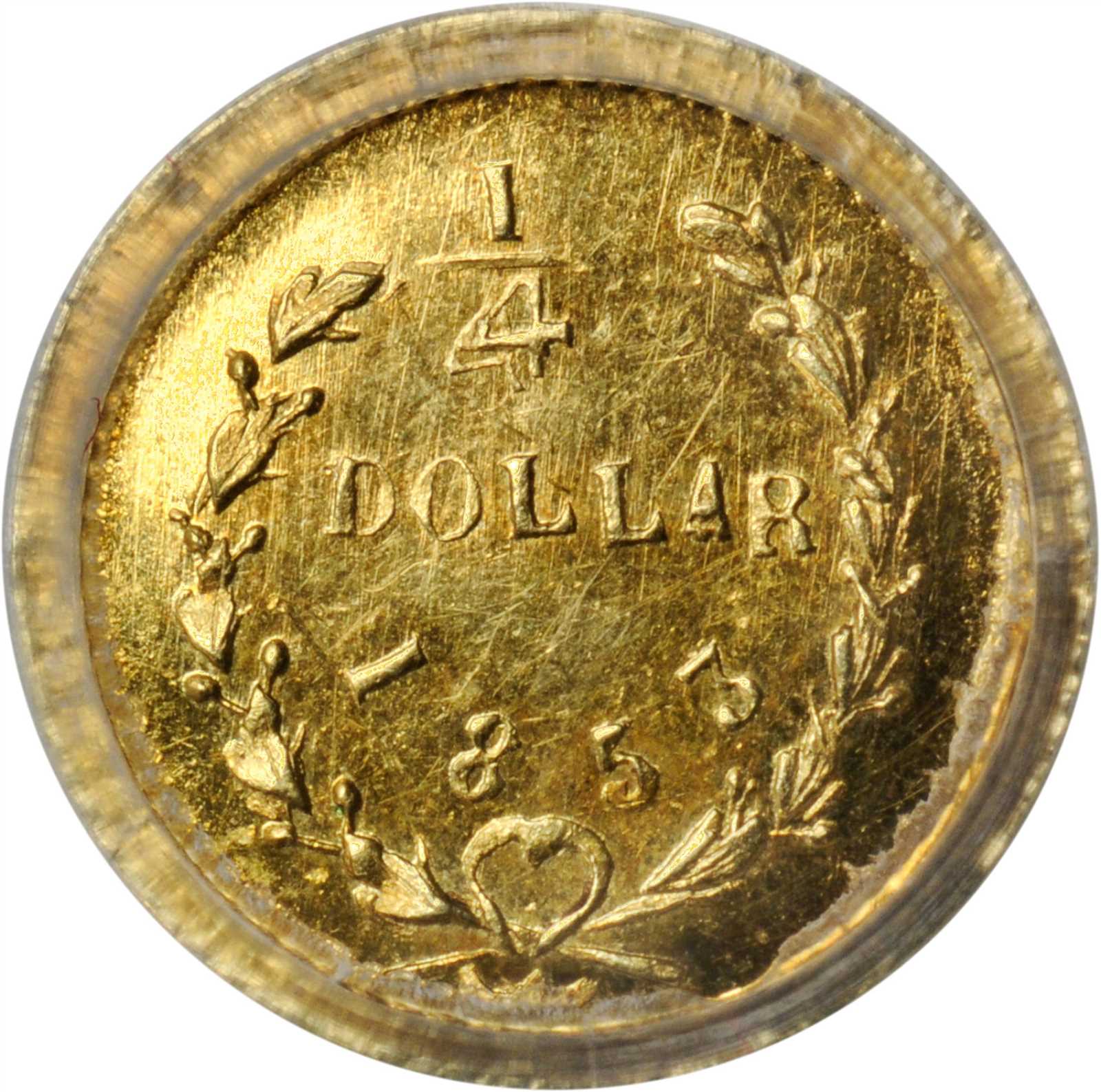 image for: 1853 Round 25 Cents. BG-214. Rarity-7-. Liberty Head. Unc Details--Bent (PCGS).