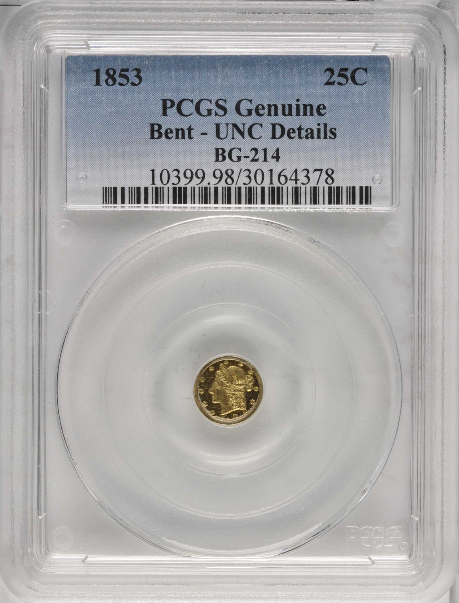 image for: 1853 Round 25 Cents. BG-214. Rarity-7-. Liberty Head. Unc Details--Bent (PCGS).