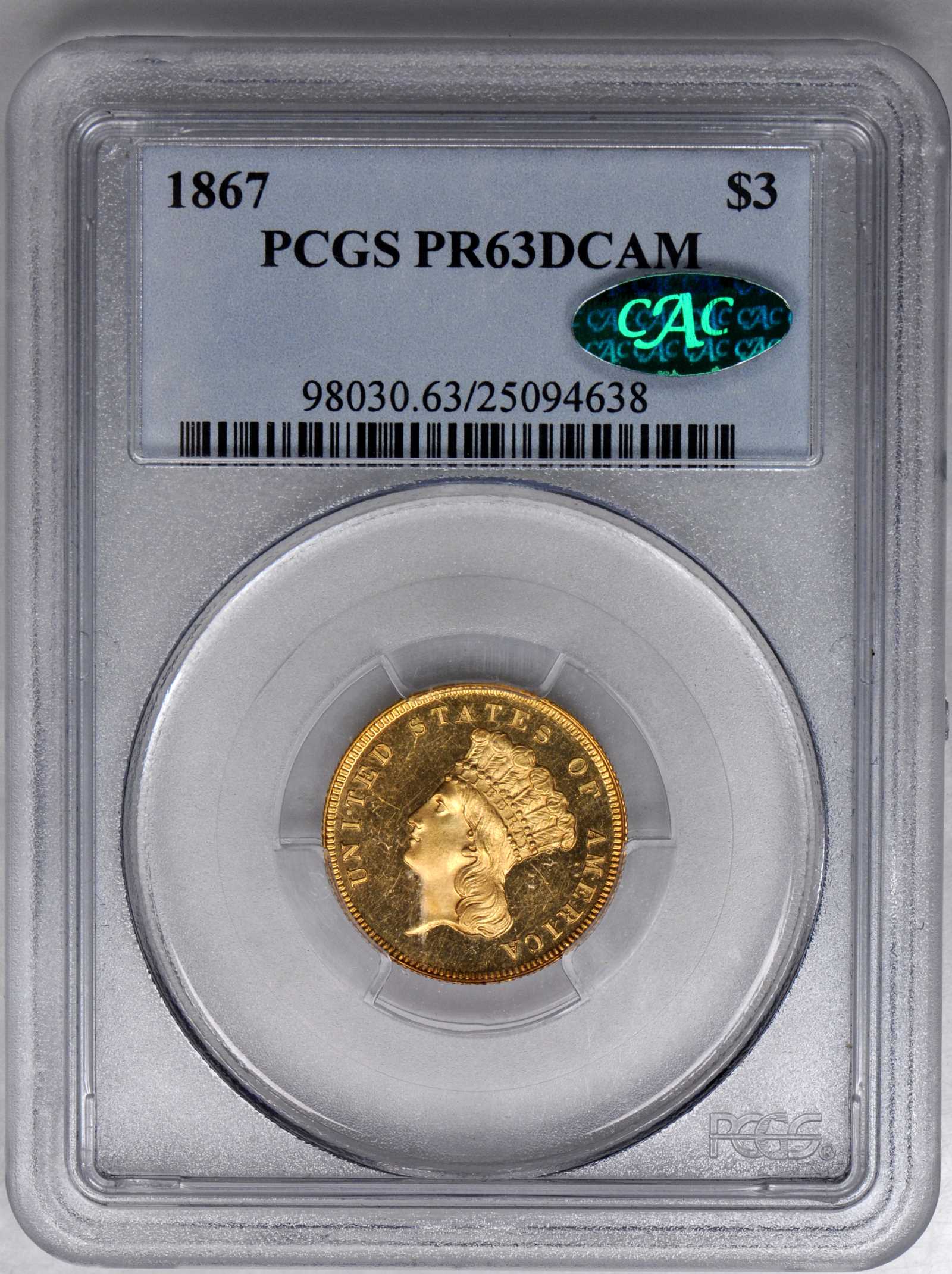 image for: 1867 Three-Dollar Gold Piece. Proof-63 Deep Cameo (PCGS). CAC.
