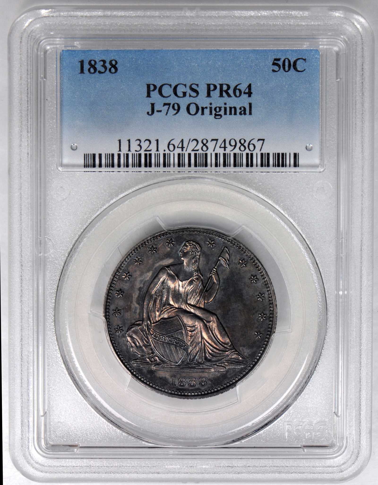image for: 1838 Pattern Liberty Seated Half Dollar. Judd-79 Original, Pollock-89. Rarity-7+. Silver. Reeded Edge. Proof-64 (PCGS).
