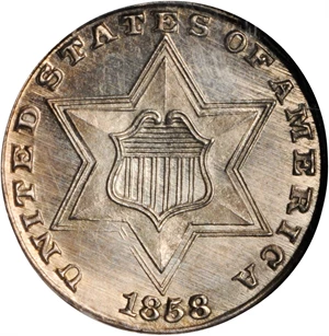 image for: 1858 Silver Three-Cent Piece. Proof-65 Cameo (NGC). CAC.