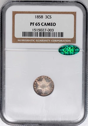 image for: 1858 Silver Three-Cent Piece. Proof-65 Cameo (NGC). CAC.