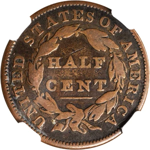 image for: 1832 Classic Head Half Cent. C-2. Rarity-1. Manley Die State 2.0. Fine-15 BN (NGC).