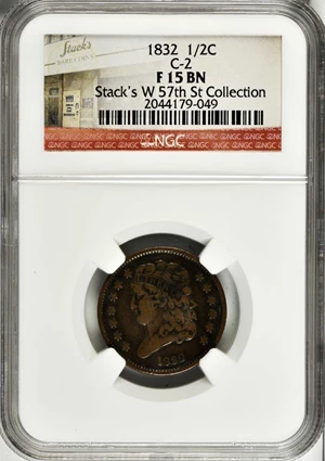 image for: 1832 Classic Head Half Cent. C-2. Rarity-1. Manley Die State 2.0. Fine-15 BN (NGC).