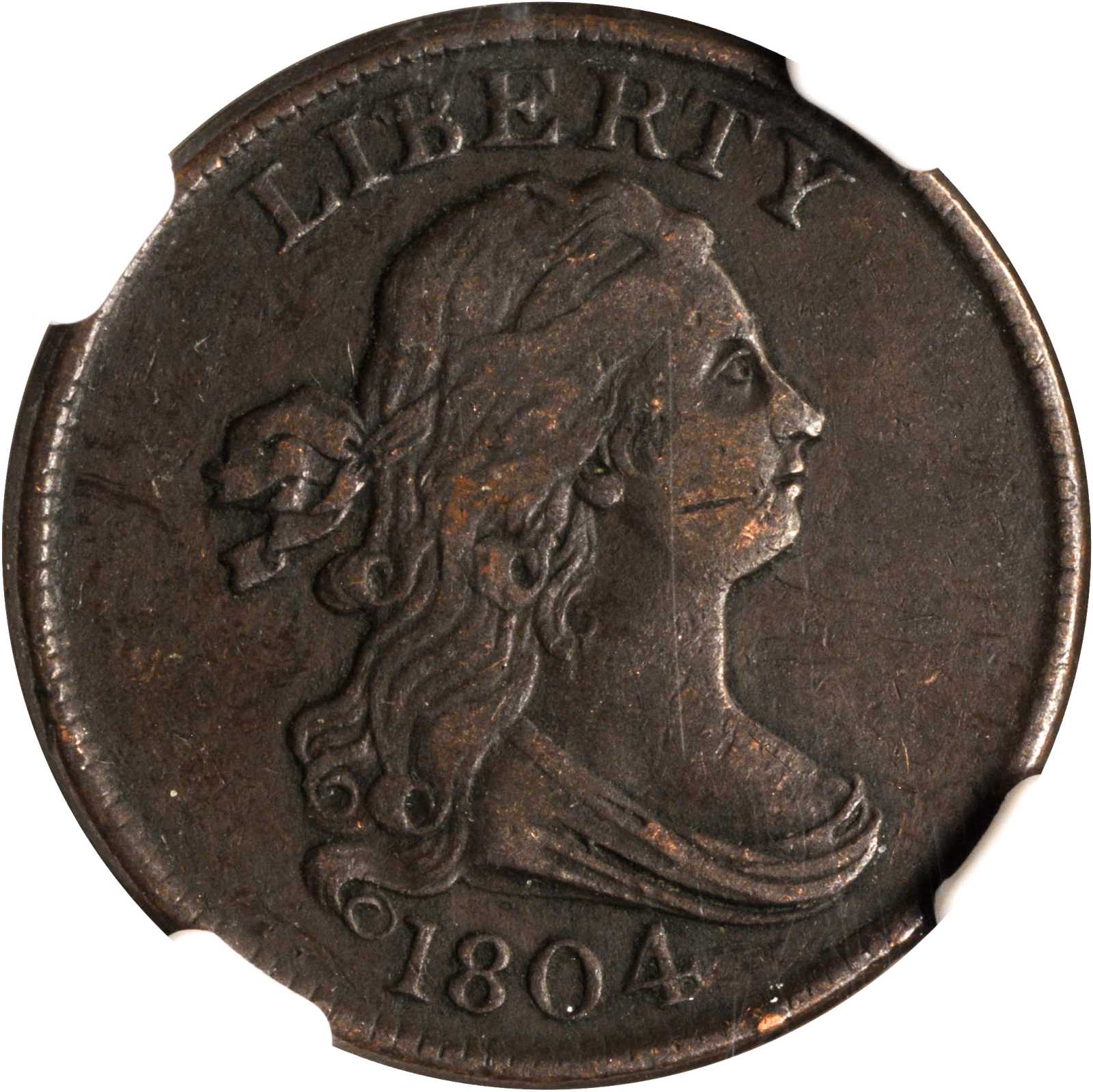 1804 Draped Bust Half Cent. C-9. Rarity-2. Manley Die State 1.0. Crosslet 4, Stems. VF-35 BN (NGC).