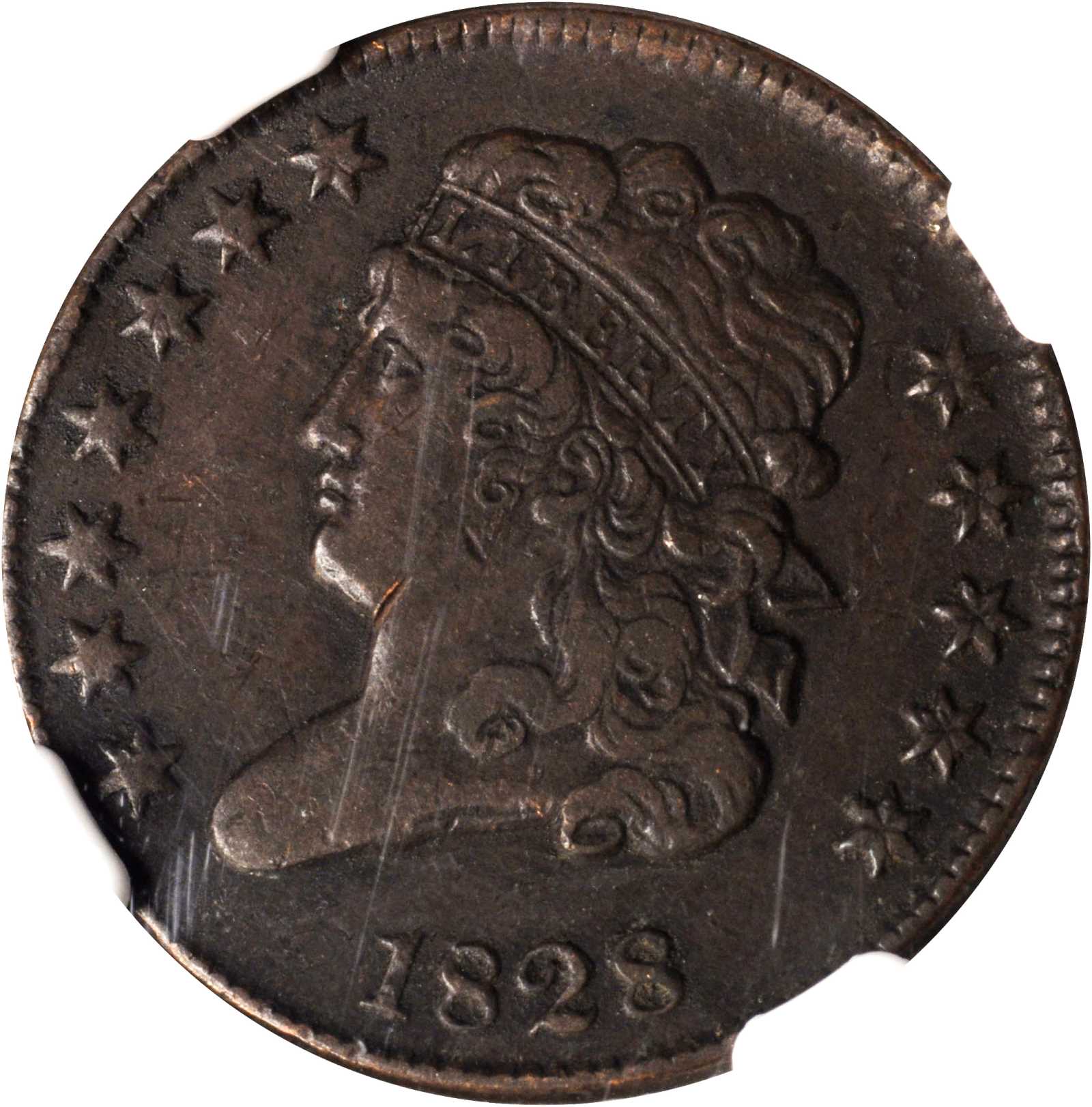 1828 Classic Head Half Cent. C-2. Rarity-2. Manley Die State 2.0. 12 Stars. VF-25 BN (NGC).