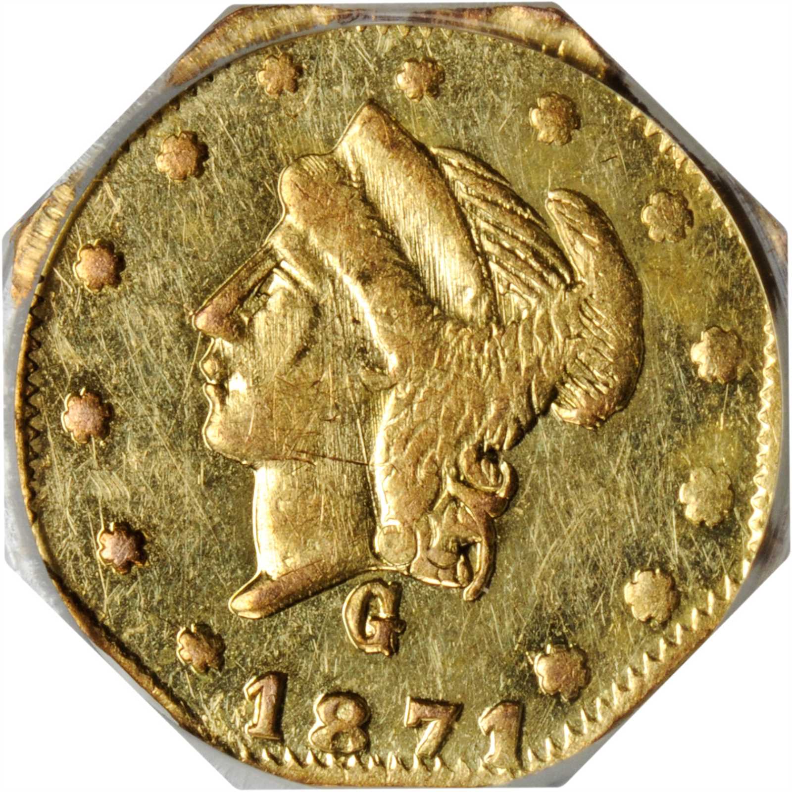 image for: 1871-G Octagonal 25 Cents. BG-768. Rarity-4. Liberty Head. AU Details--Scratch (PCGS).
