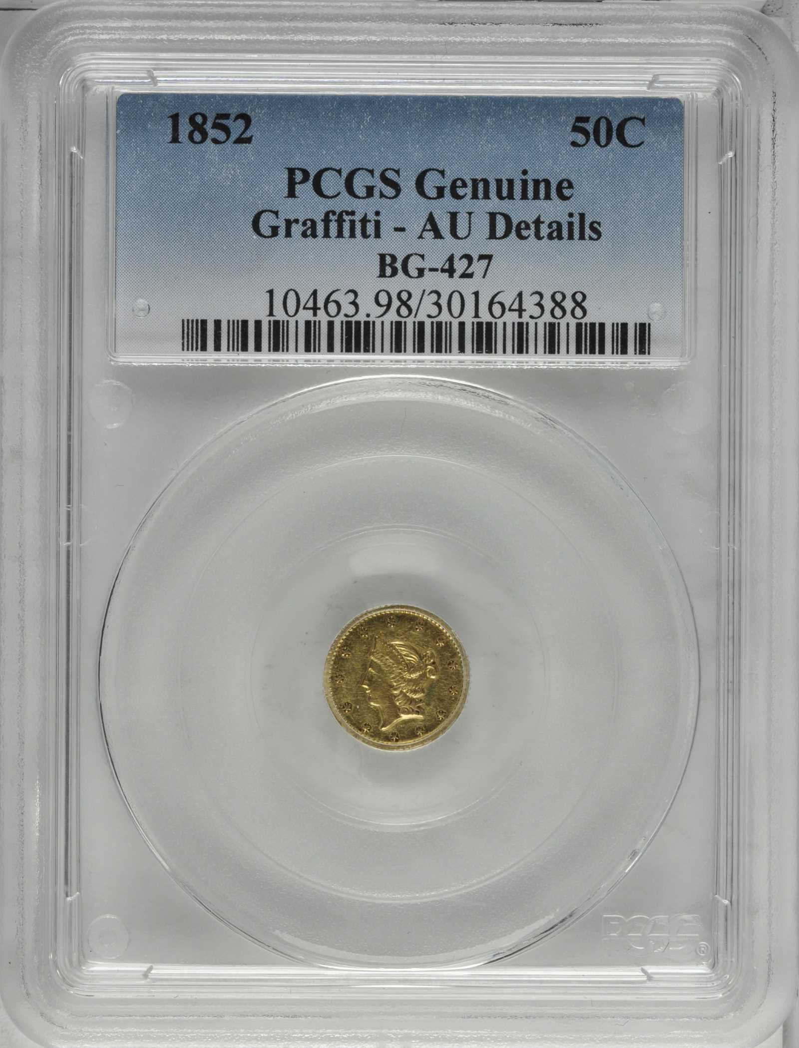 image for: 1852 Round 50 Cents. BG-427. Rarity-6-. Liberty Head. AU Details--Graffiti (PCGS).