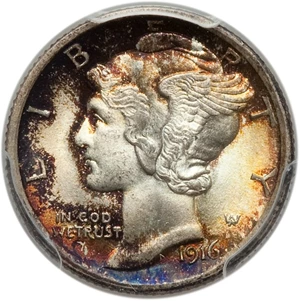 image for: 1916 10C MS67 PCGS. PCGS Population (5/0). NGC Census: (11/1). Mintage: 22,180,080. Numismedia Wsl. Price for problem free ...