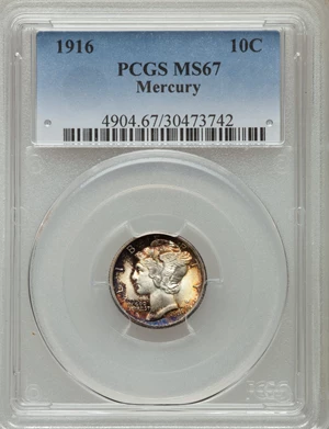 image for: 1916 10C MS67 PCGS. PCGS Population (5/0). NGC Census: (11/1). Mintage: 22,180,080. Numismedia Wsl. Price for problem free ...