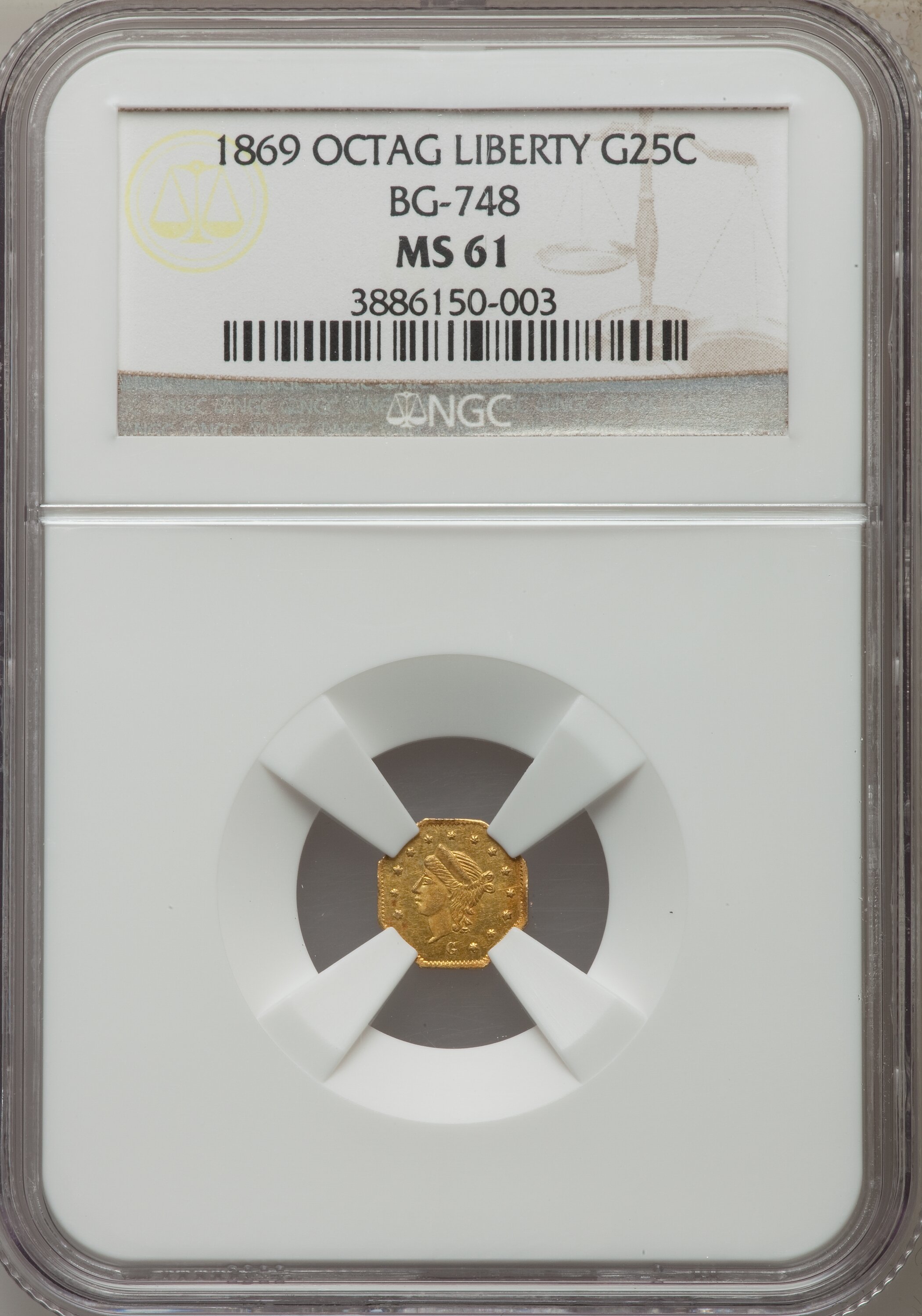 image for: 1869 25C Liberty Octagonal 25 Cents, BG-748, R.5, MS61 NGC. NGC Census: (1/6). PCGS Population (6/29).  ...