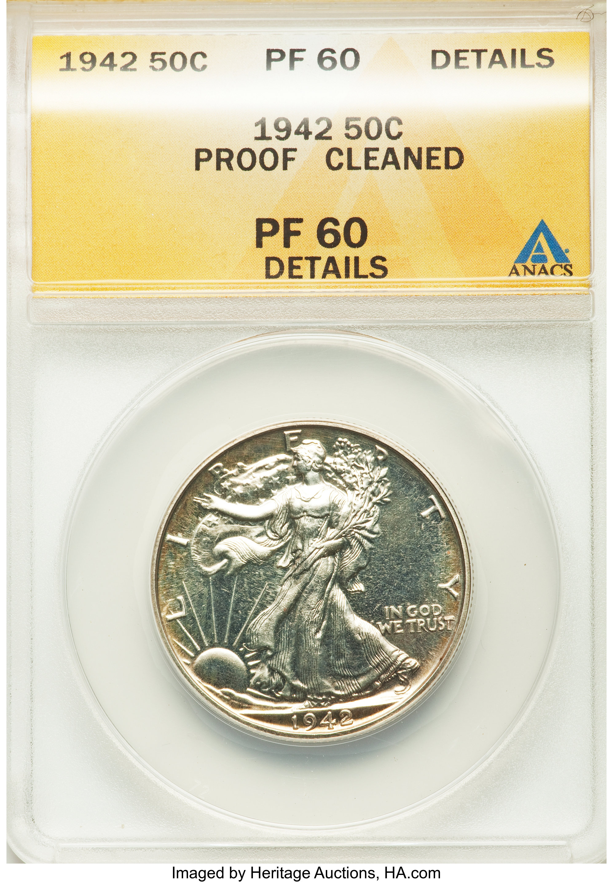 1942 50C -- Cleaned -- ANACS. PR60 Details. NGC Census: (1/4161). PCGS Population (13/5908). Mintage: 21,120. Numismedia Ws...