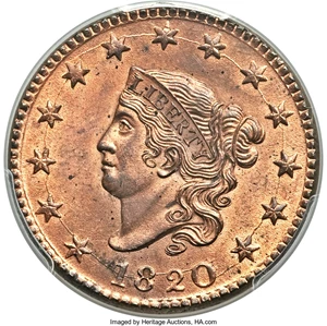 image for: 1820 1C Large Date, N-13, R.1, MS64+ Red and Brown PCGS. CAC....