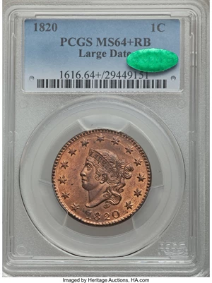 image for: 1820 1C Large Date, N-13, R.1, MS64+ Red and Brown PCGS. CAC....