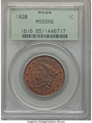 image for: 1820 1C Large Date, N-13, R.1, MS65 Red and Brown PCGS....