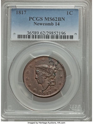 image for: 1817 1C 13 Stars, N-14, R.1, MS62 Brown PCGS. PCGS Population (2/3). NGC Census: (7/20). Mintage: 3,948,400. ...