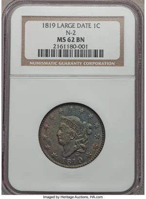 image for: 1819/(8) 1C Large Date, N-2, R.1, MS62 NGC. NGC Census: (3/1). PCGS Population (3/3). ...