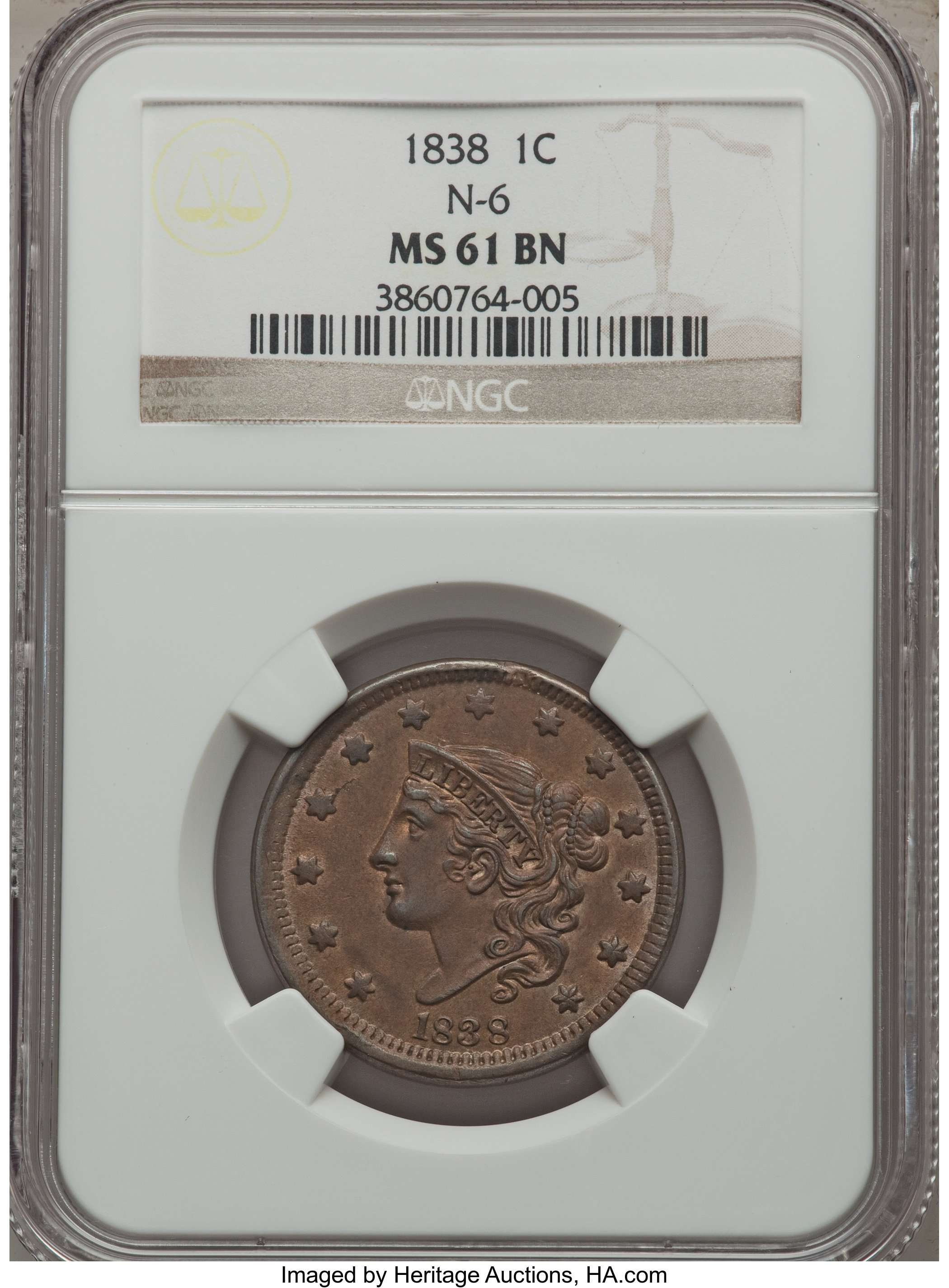 image for: 1838 1C N-6, R.1, MS61 Brown NGC. NGC Census: (2/10). PCGS Population (0/1). Mintage: 6,370,200. ...