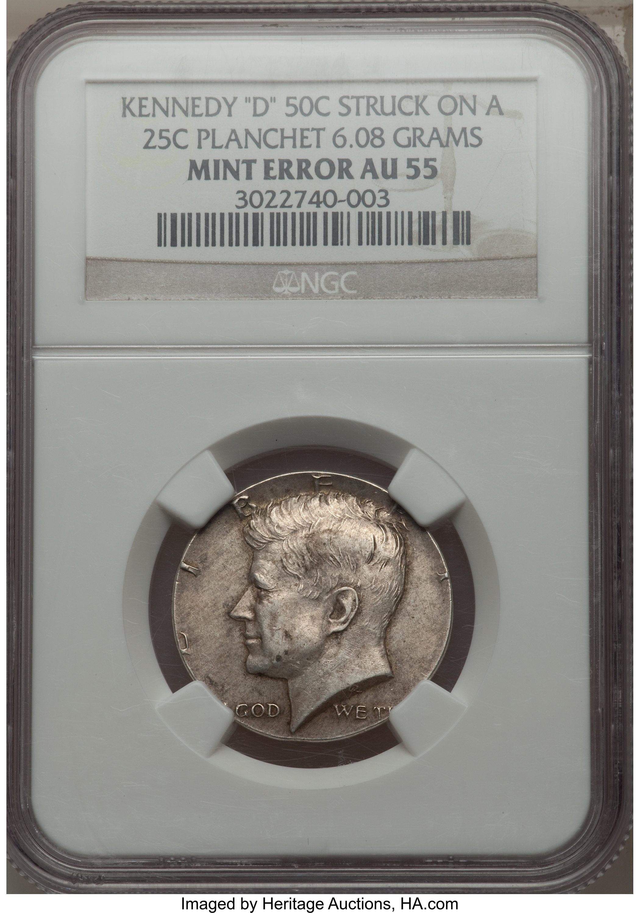No Date-D 50C Kennedy Half Dollar -- Struck on a 25C Planchet, 6.08 Grams -- AU55 NGC. ...