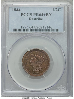 image for: 1844 1/2 C Second Restrike PR64+ Brown PCGS. B-3, R.6. Our EAC Grade PR63....
