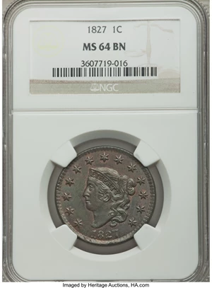 image for: 1827 1C N-11, R.1, MS64 Brown NGC. Our EAC Grade MS62....