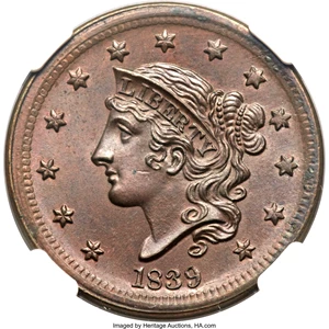 image for: 1839 1C Silly Head, N-4, R.1, MS65 Brown NGC. Our EAC Grade MS62....