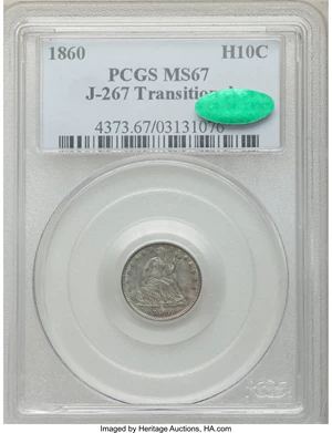 image for: 1860 H10C Transitional MS67 PCGS. CAC. V-1. Breen-3097, Judd-267, Pollock-315, R.4....
