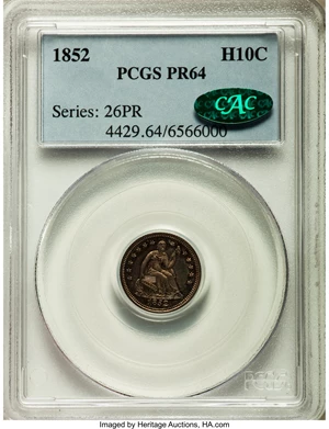 image for: 1852 H10C PR64 PCGS. CAC. V-3....