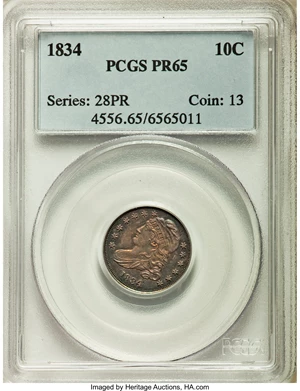 image for: 1834 10C Large 4, JR-6, PR65 PCGS. High R.7 or R.8 as a Proof....