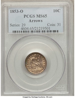 image for: 1853-O 10C Arrows MS65 PCGS. Fortin-107....
