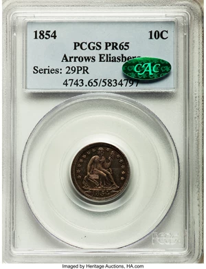 image for: 1854 10C Arrows PR65 PCGS. CAC. Fortin-111....