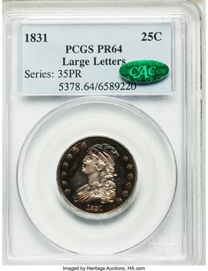 image for: 1831 25C Large Letters PR64 PCGS. CAC. B-5, R.7 as a proof....