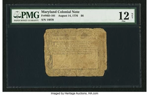 image for: Maryland August 14, 1776 $6 PMG Fine 12 Net....