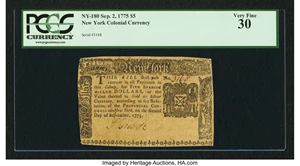 image for: New York September 2, 1775 $5 PCGS Very Fine 30....