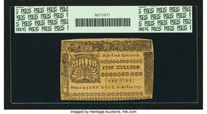 image for: New York September 2, 1775 $5 PCGS Very Fine 30....