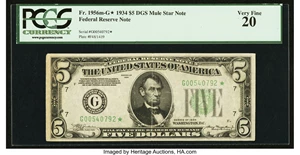 image for: Fr. 1956-G* $5 1934 Dark Green Seal Mule Federal Reserve Star Note. PCGS Very Fine 20....