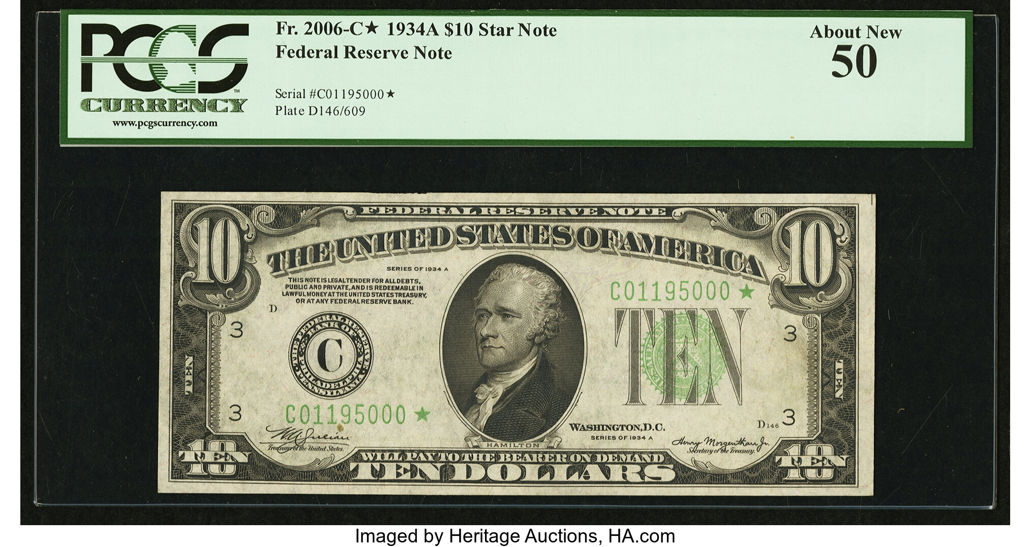 image for: Fr. 2006-C* $10 1934A Federal Reserve Star Note. PCGS About New 50....
