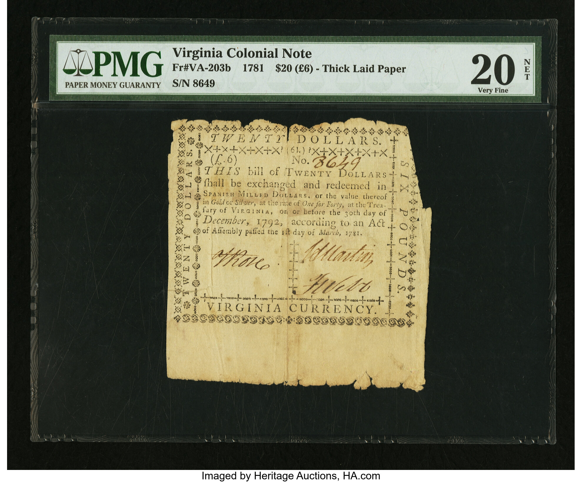 image for: Virginia March 1, 1781 $20 printed on thick laid paper PMG Very Fine 20 Net....