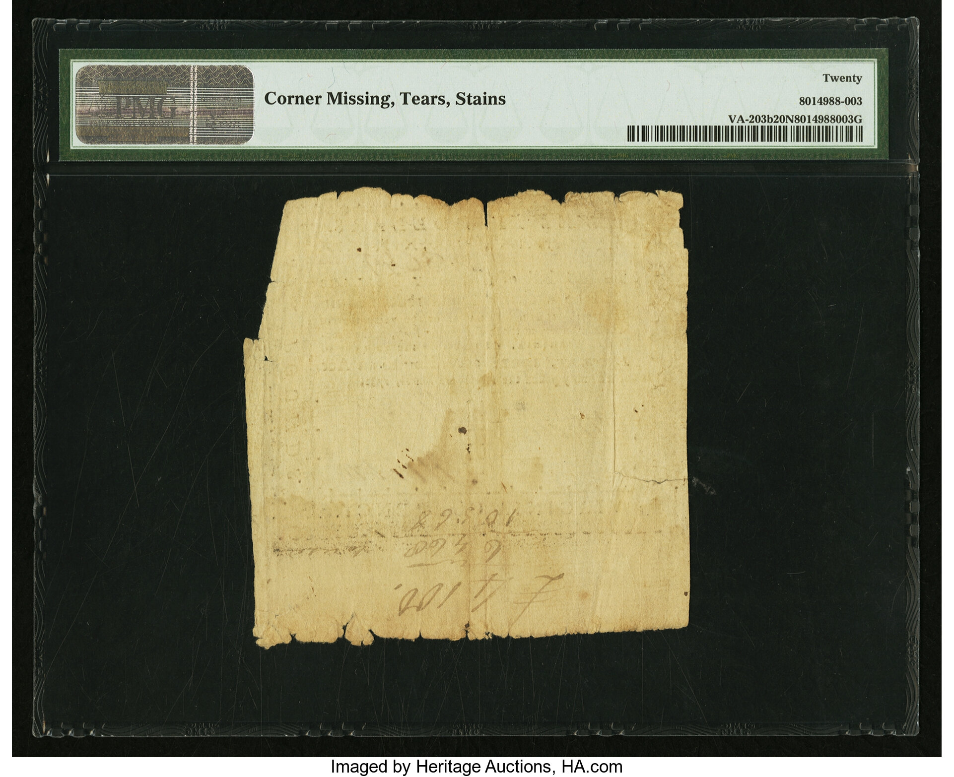 image for: Virginia March 1, 1781 $20 printed on thick laid paper PMG Very Fine 20 Net....