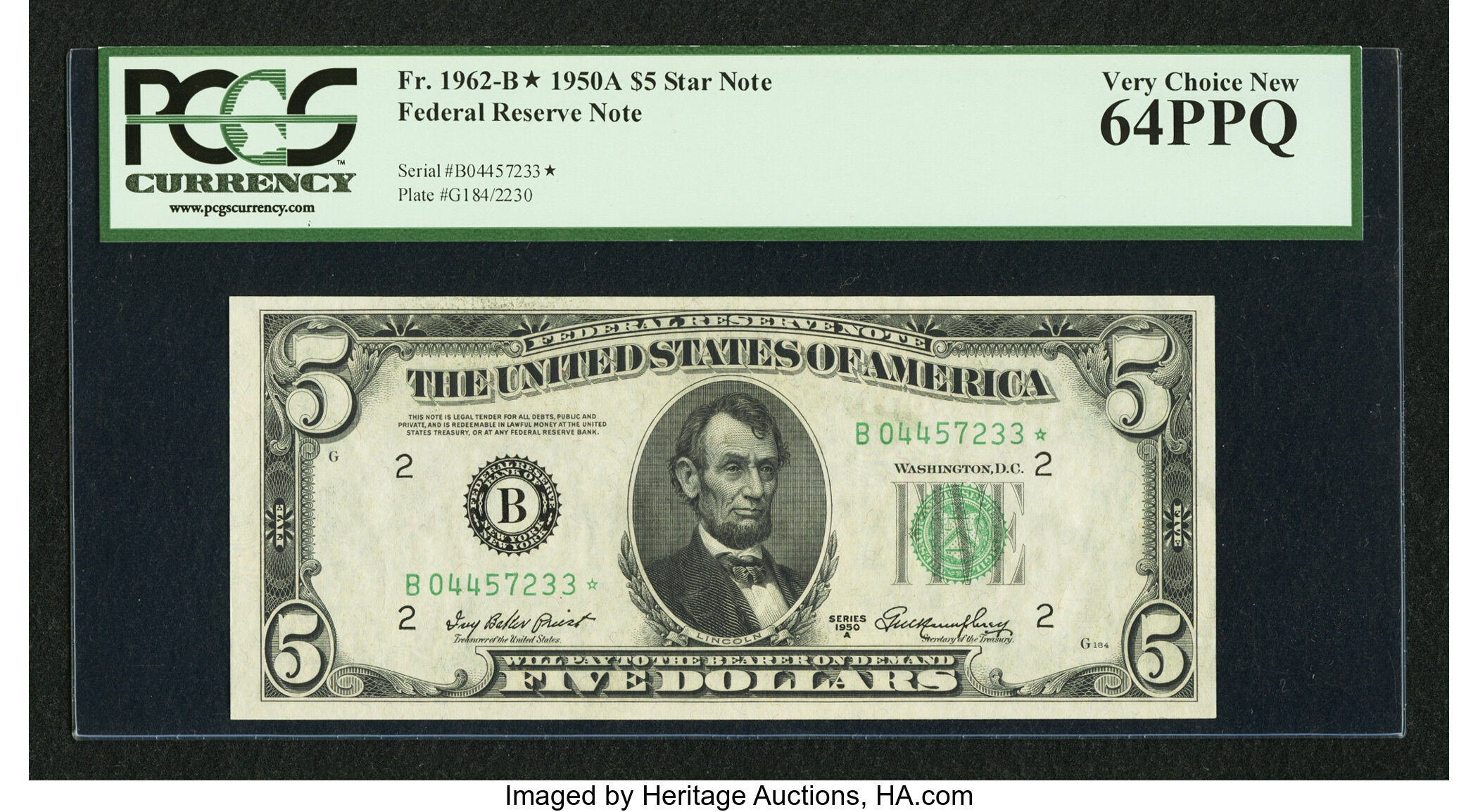 image for: Fr. 1962-B* $5 1950A Federal Reserve Note. PCGS Very Choice New 64PPQ....